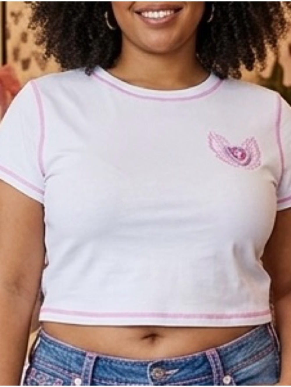 True Religion White Crop Tee with Pink Trim & Bling Logo. Y2K, Retro, Streetwear